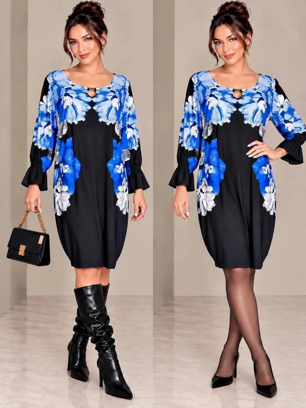 Calvin Klein Floral Keyhole Midi Dress in Black & Blue Elegant Like New XL/1X